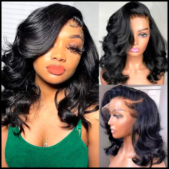 Human Hair Lace Front Wig Bob Style Glueless Pre Plucked Wavy Chic